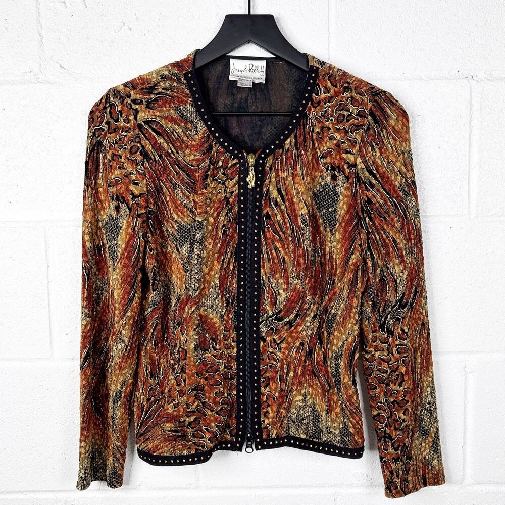 Joseph Ribkoff Vintage Tapestry Zip Jacket Brown Animal Print Studded